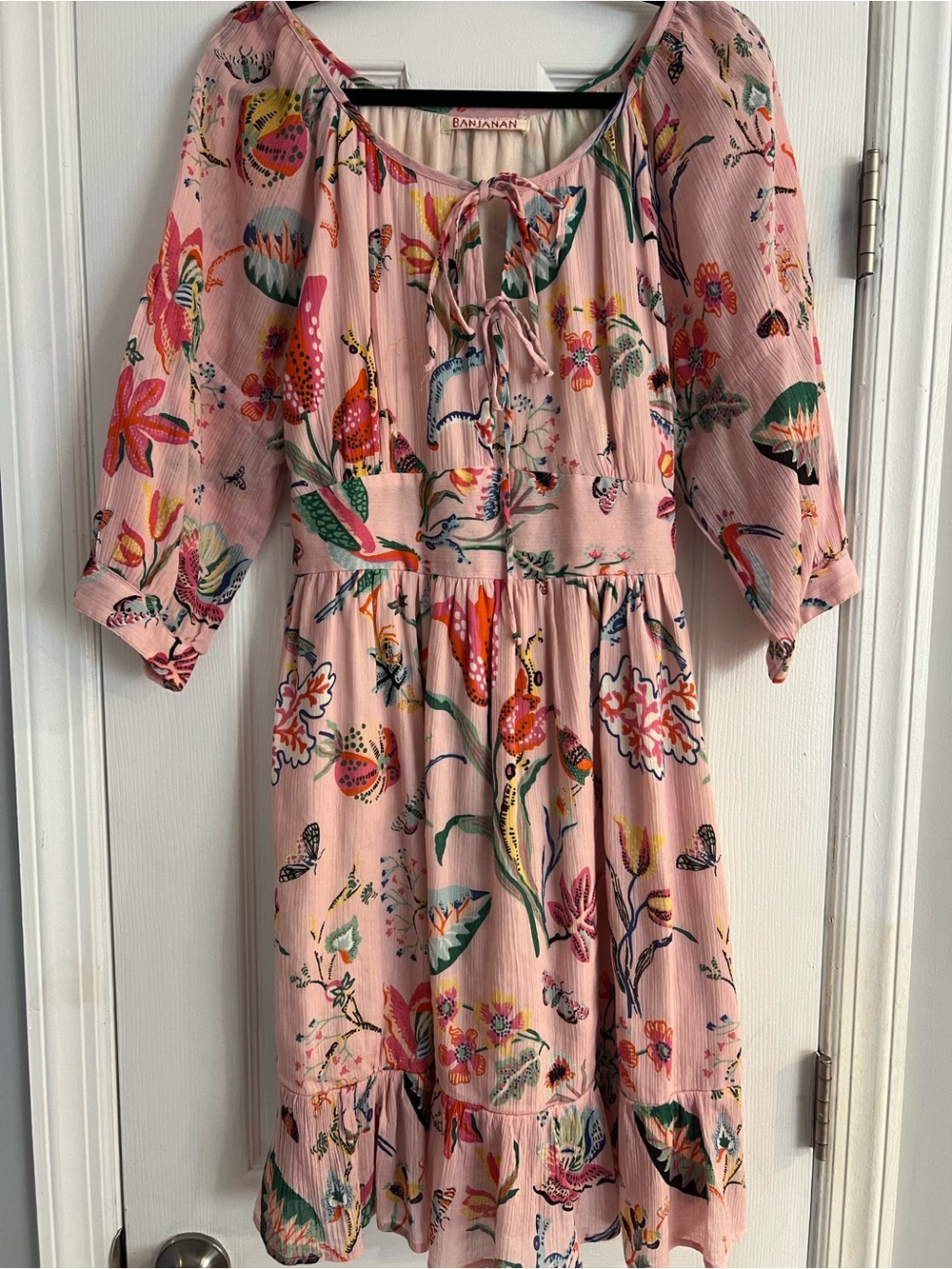 Banjanan Hamdmade Pink Floral Tie-Back Sundress-Size M